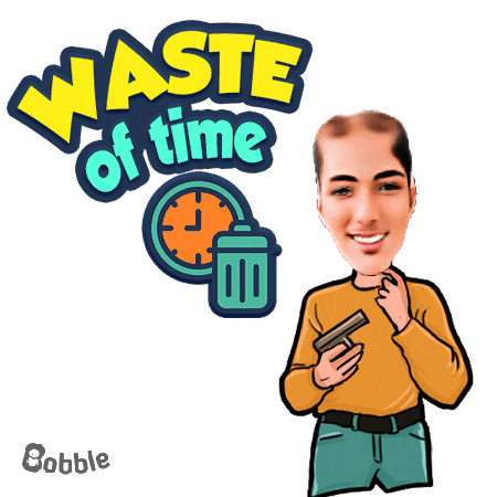 a cartoon of a man holding a gun in front of a sign that says " waste of time "