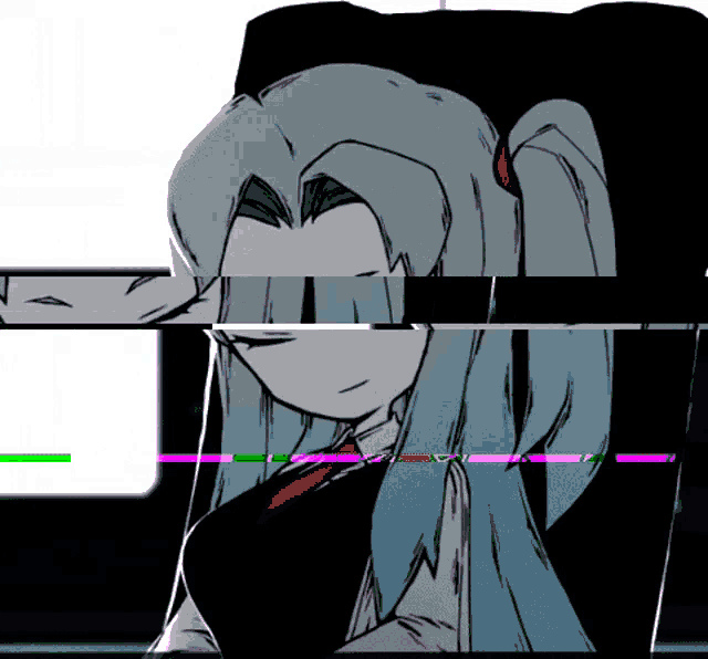 a girl with blue hair is sitting in a chair with a red tie