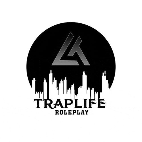 a logo for traplife roleplay with a triangle and a city skyline in the background .