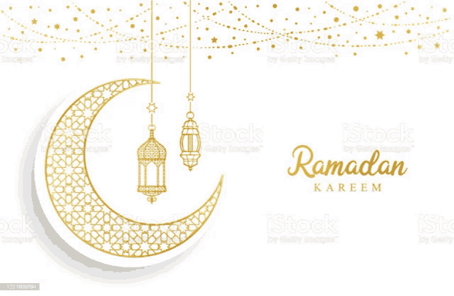 it is a greeting card for ramadan kareem with a crescent moon and lanterns hanging from it .