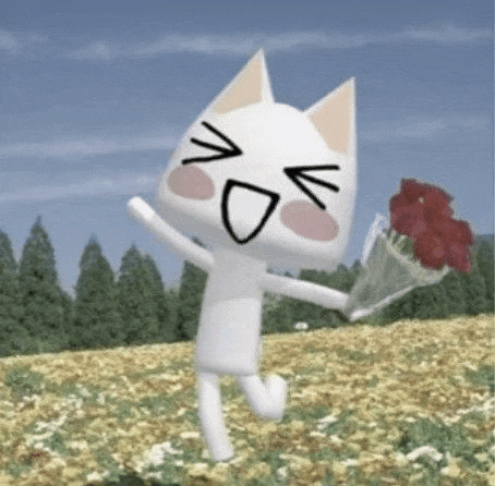 a white cat is holding a bouquet of flowers in a field .