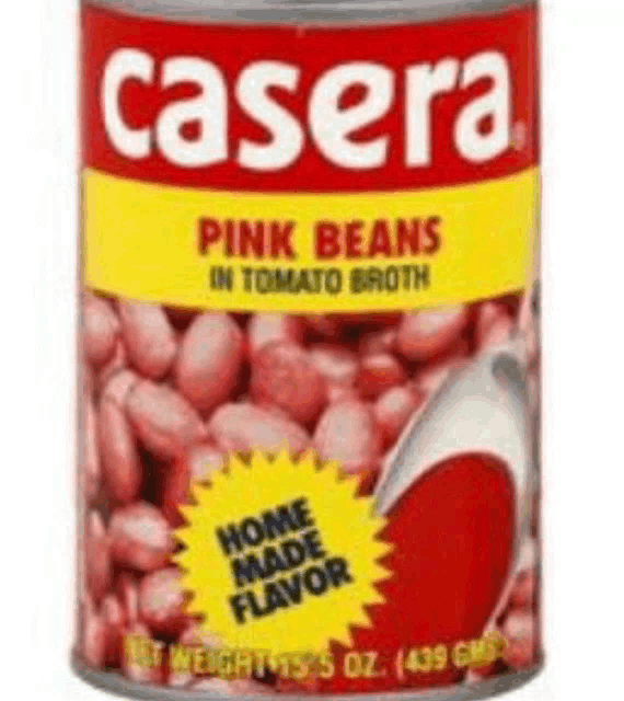 a can of casera pink beans in tomato broth with a spoon in it