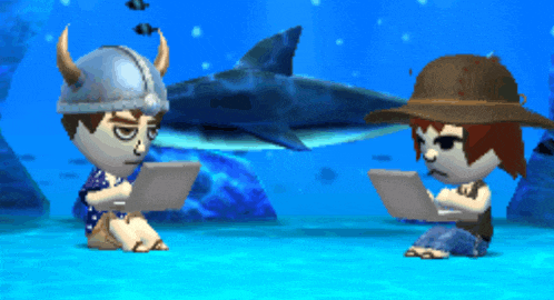 two cartoon characters are sitting in front of a shark and looking at their laptops