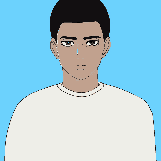 a cartoon drawing of a man with a white shirt on against a blue background