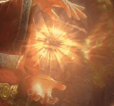 a person is holding a glowing object in their hands in a dark room .