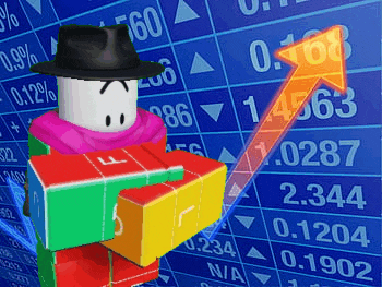 a roblox character is standing in front of a stock chart with an arrow pointing upwards