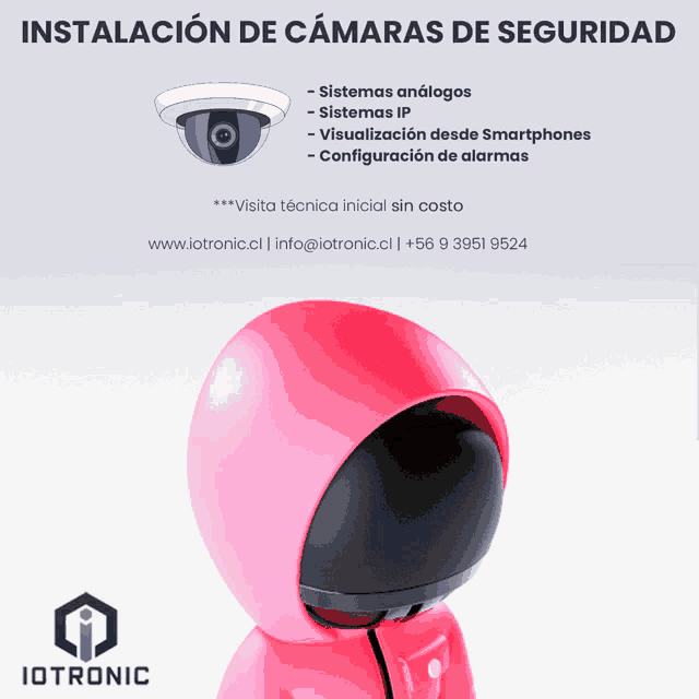 an ad for iotronic shows a pink robot with a camera on top