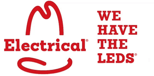 a red and white logo for electrical that says we have the leds