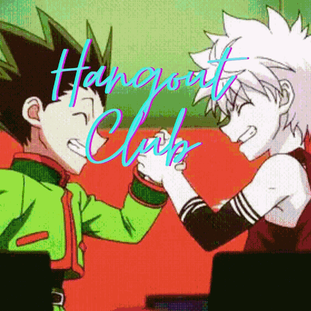 a couple of anime characters shaking hands with the words hangout club above them