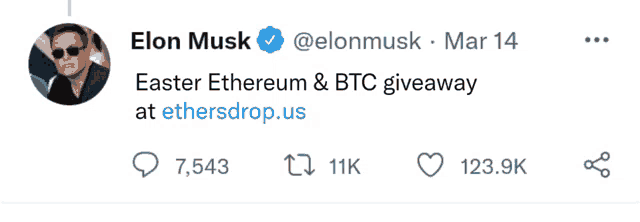 a tweet from elon musk announces an easter ethereum and btc giveaway