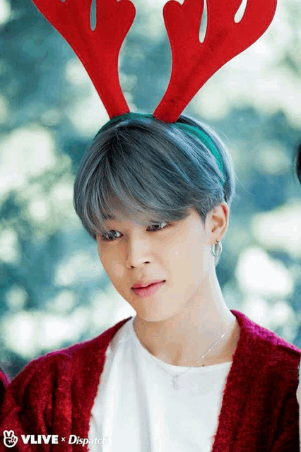 a young man wearing a reindeer antlers headband and a red cardigan