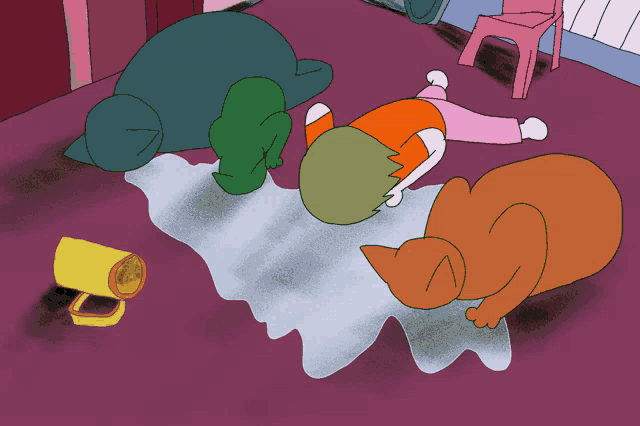 a child laying on the floor with two cats and a yellow cup that says milk on it