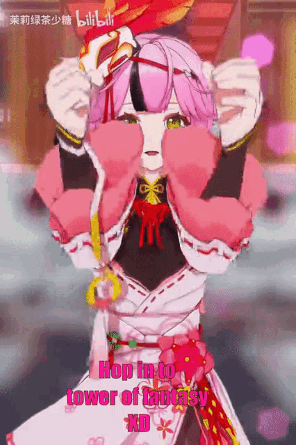 a cartoon girl with pink hair and gloves says hop into tower of fantasy xd