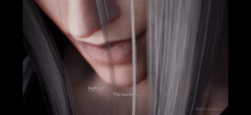 a close up of a woman 's face with the words " sephiroth the reunion " visible