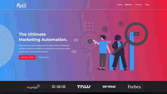 a landing page for the ultimate marketing automation shows a man and woman looking at a graph