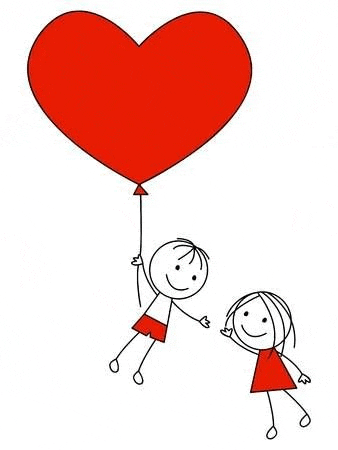 a boy and a girl are flying in the air holding a red heart shaped balloon .