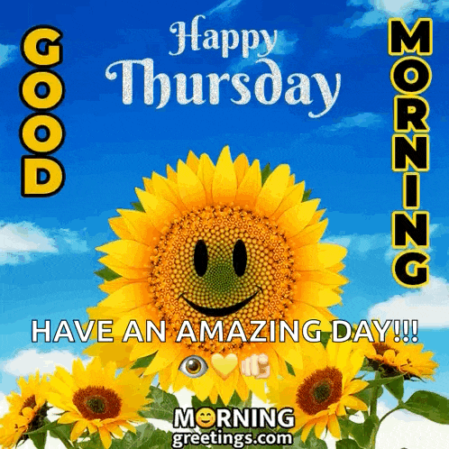 a happy thursday message with a sunflower with a smiley face
