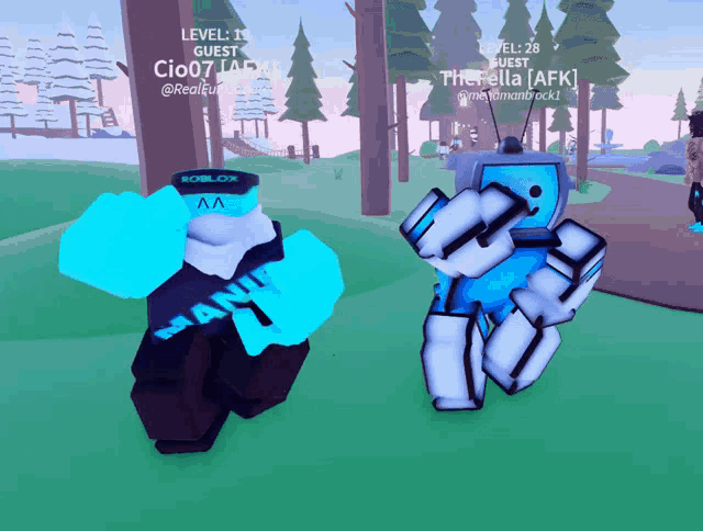a screenshot of a video game shows a blue robot and a white robot standing next to each other