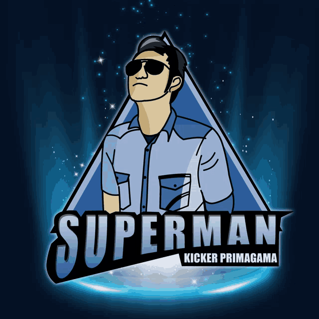 a logo for superman kicker primagama shows a man in sunglasses