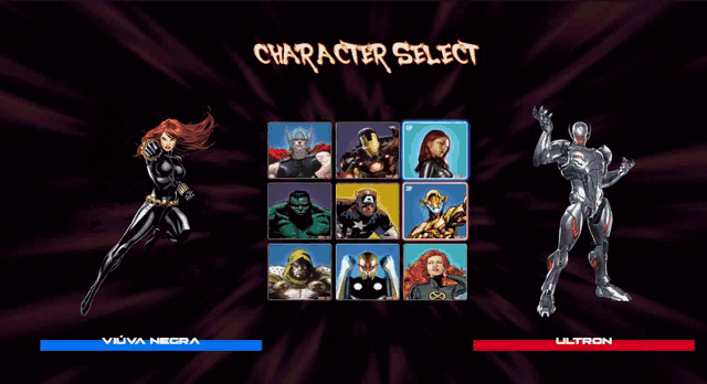 a character select screen shows hulk and ultron among others