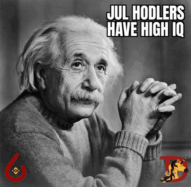 a black and white photo of albert einstein with the words jul hodlers have high iq