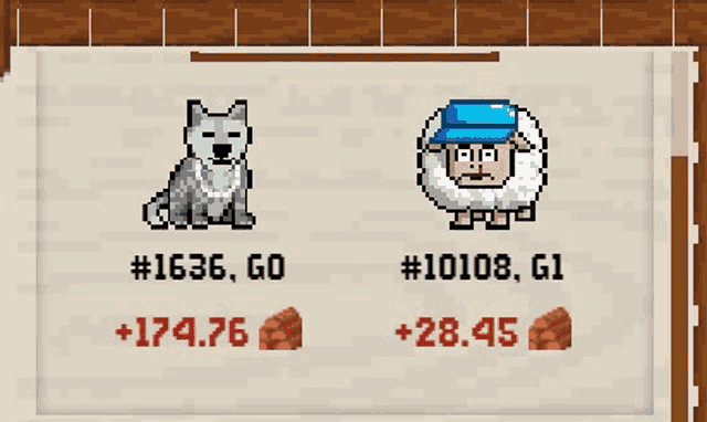 a pixel art illustration of a wolf and a sheep with numbers on them .