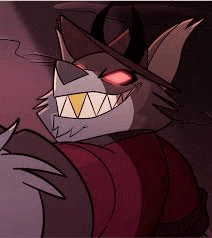 a cartoon cat with horns and red eyes is wearing a hat and a red shirt .