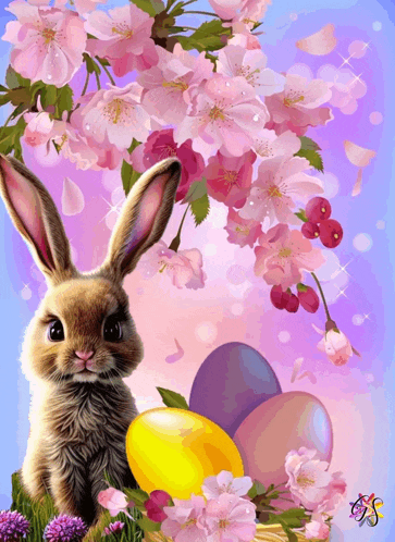 a picture of a bunny rabbit with easter eggs and pink flowers