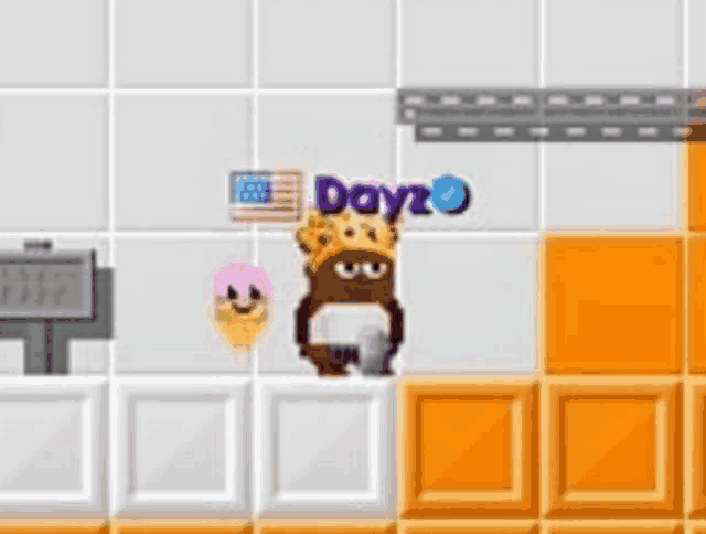 a cartoon character wearing a crown is standing next to an ice cream cone and a sign that says dayz .