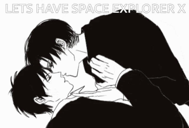 a black and white drawing of two men with the words let 's have space explorer x above them