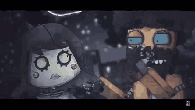 a man and a robot are standing next to each other in a cartoon .