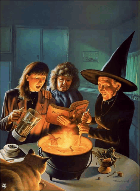 a painting of a witch stirring a cauldron