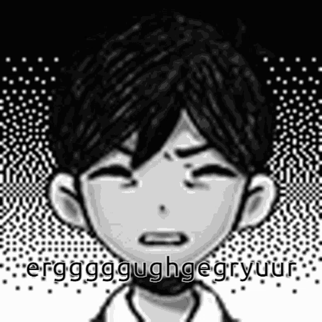 a black and white drawing of a boy with his eyes closed and the words ergggughgegryuur written below him .