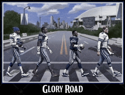 a group of football players crossing a street with the words glory road on the bottom