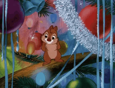 a cartoon chipmunk is standing on a tree branch in front of a christmas tree