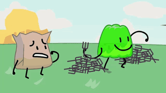 a cartoon drawing of a bag and a green jelly monster