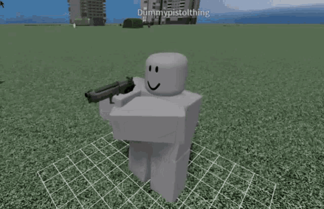 a roblox character is holding a gun in a field