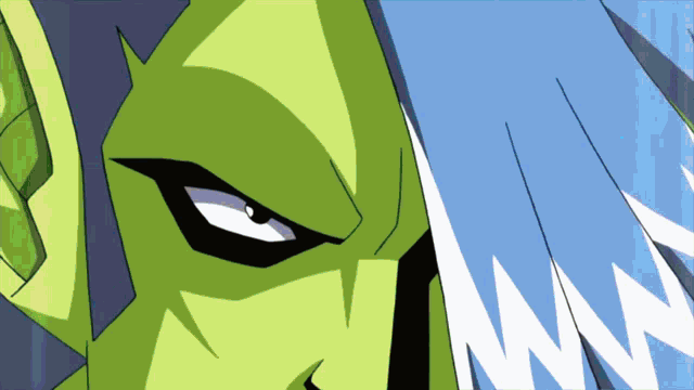 a close up of a cartoon character 's face with a white eye and blue hair