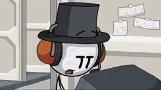 a stick figure wearing a top hat and headphones is standing next to a television .