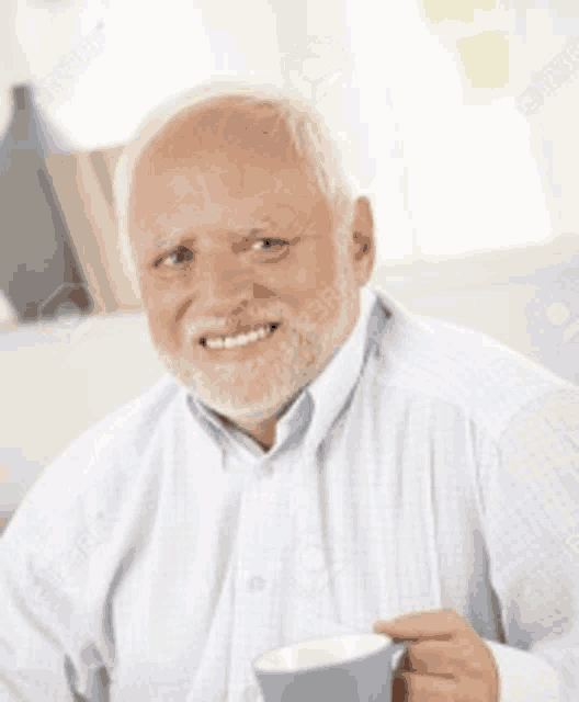 an older man with a beard is holding a cup of coffee and smiling .