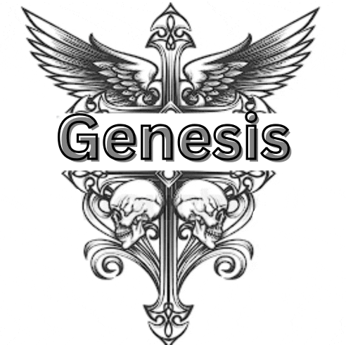 a cross with wings and two skulls and the word genesis