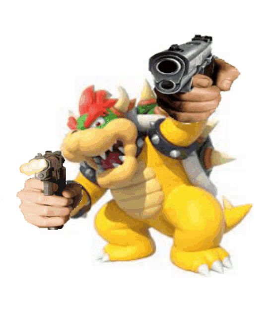 bowser is holding two guns in his hands on a white background