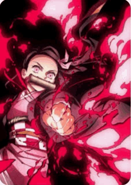 a girl with red eyes is pointing at the camera while surrounded by red smoke .