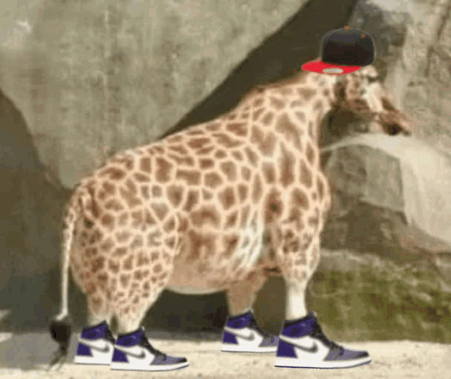 a giraffe wearing a hat and purple nike sneakers