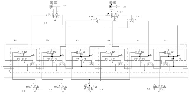 a black and white drawing of a hydraulic system with the letters a and b on it