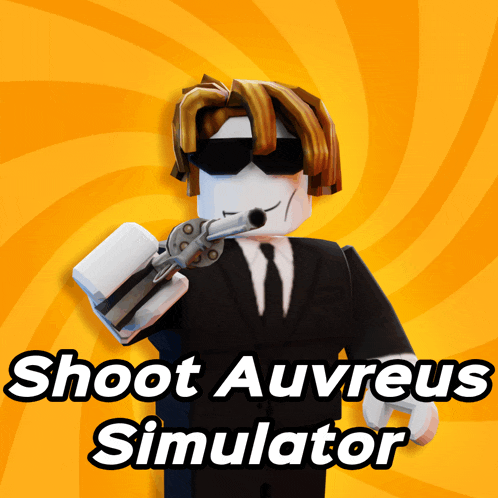 a poster for shoot auvres simulator shows a man in a suit holding a gun