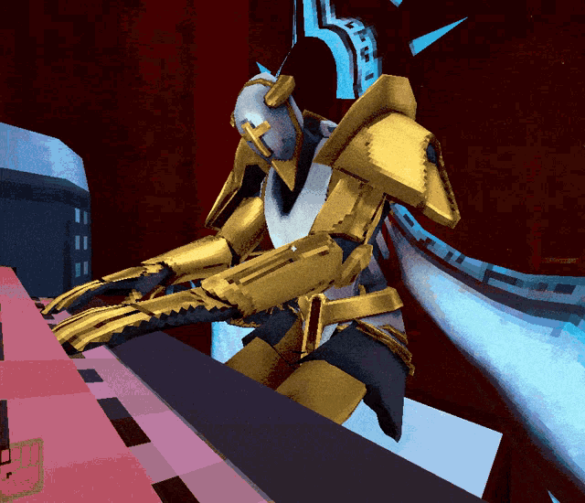 a computer generated image of a knight playing a piano