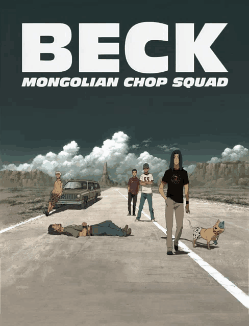 a poster for beck mongolian chop squad shows a group of people standing on a road