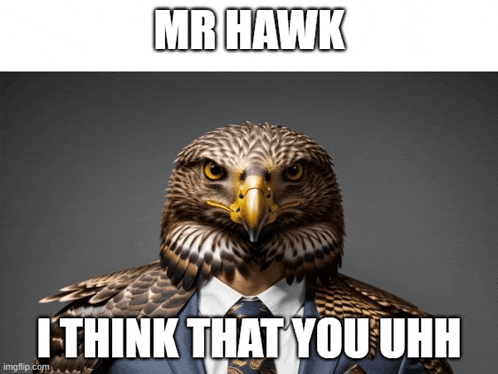 a picture of an eagle in a suit and tie with a caption that says mr hawk i think that you uhh