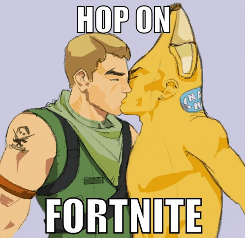 a cartoon of a man kissing another man with the words hop on fortnite on the bottom